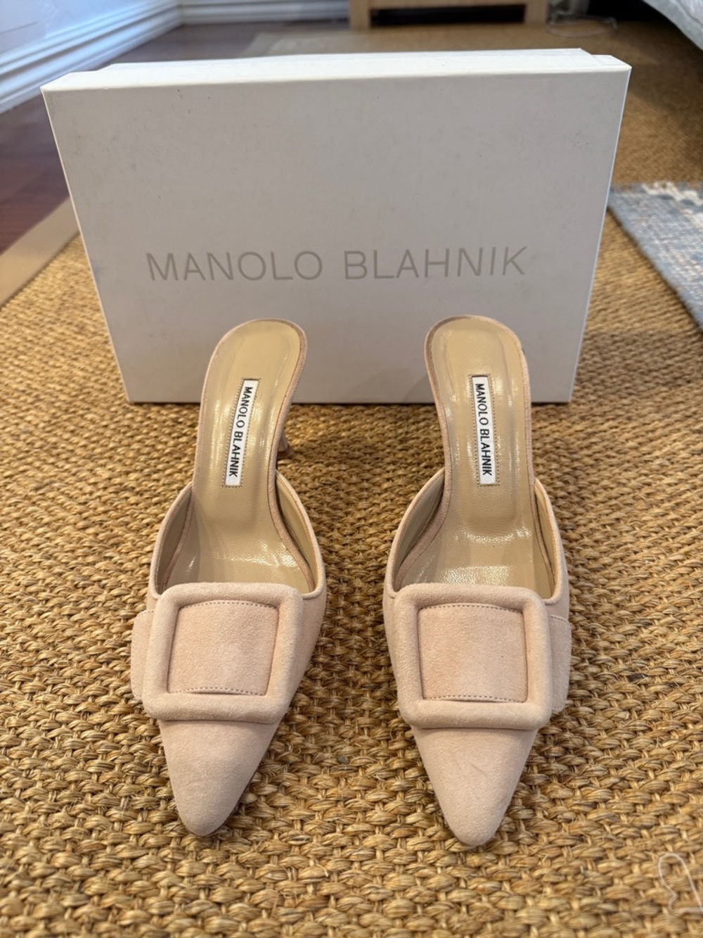 Manolo Blahnik Maysale Beige Suede Pointed Buckle Kitten Heel Mules